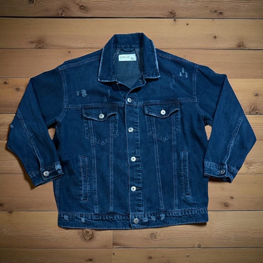 Pistola Premium Denim Jacket Mens Dark Wash Blue Distressed Trucker Retro Sz M/L